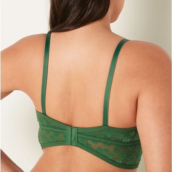 VICTORIA SECRET PINK BRALETTES & BRA TOP FLOCKED MESH BRALETTE FOREST PINE M NWT - Picture 3 of 7